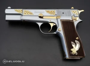 Browning HP – Mat Beyaz Krom Kaplama – Sarı Titanyum Sade Serpme Gravür