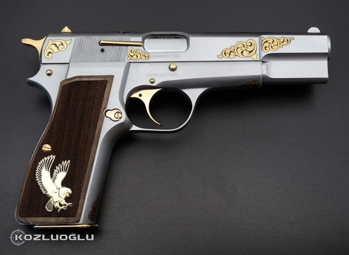 Browning HP – Mat Beyaz Krom Kaplama – Sarı Titanyum Sade Serpme Gravür Detay 2