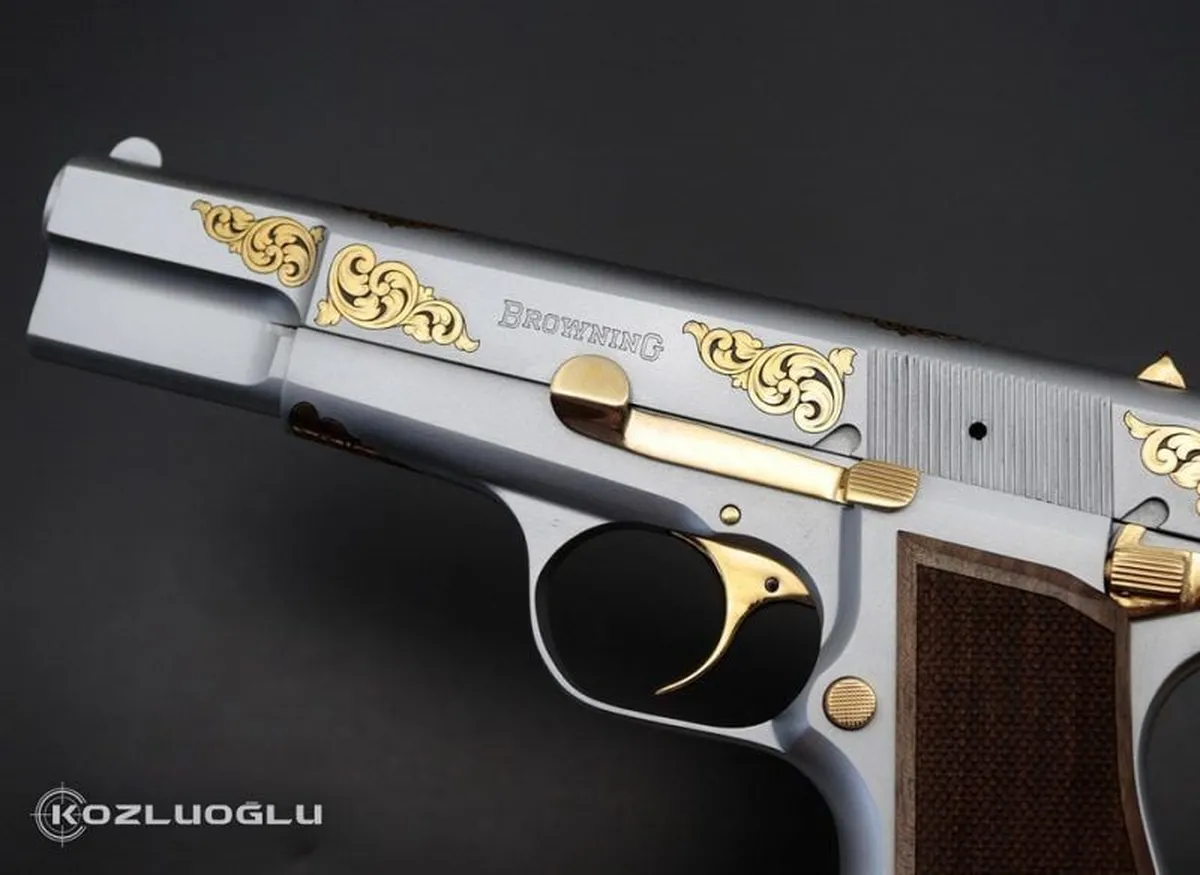 Browning HP – Mat Beyaz Krom Kaplama – Sarı Titanyum Sade Serpme Gravür Detay 3