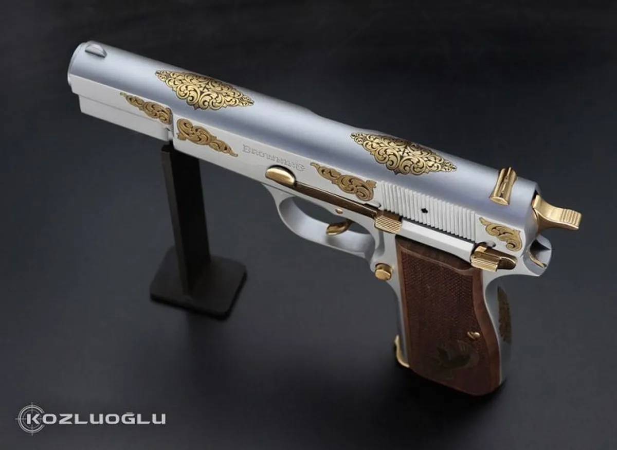 Browning HP – Mat Beyaz Krom Kaplama – Sarı Titanyum Sade Serpme Gravür Detay 4