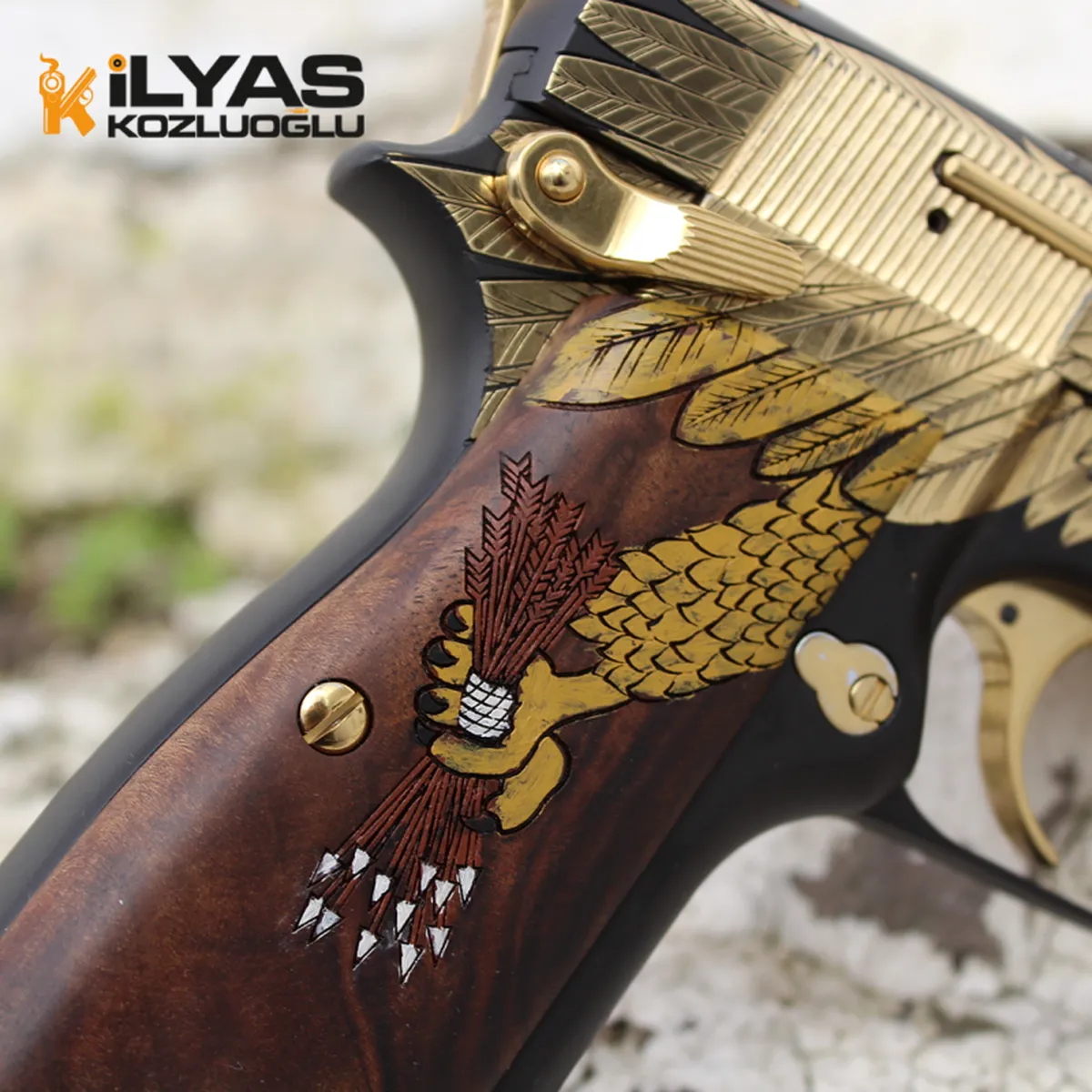 Browning Mat Siyah Kaplama & Parlak Sarı Titanyum Old Glory Kartal Gravür Detay 4