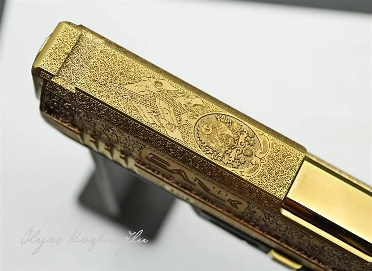 Canik TP9 Mat Sarı Titanyum Kaplama – Çiçek Desen & Eng Scroll Gravür – 3D Ay YıldıZ Detay 2