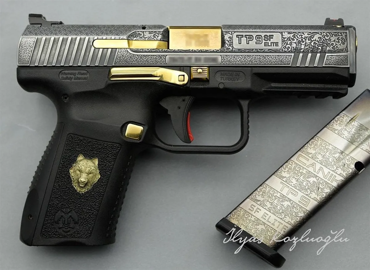 Canik TP9 SF Elite – Açık Füme  Titanyum – Scroll ve Çiçek Desen Gravür Detay 2