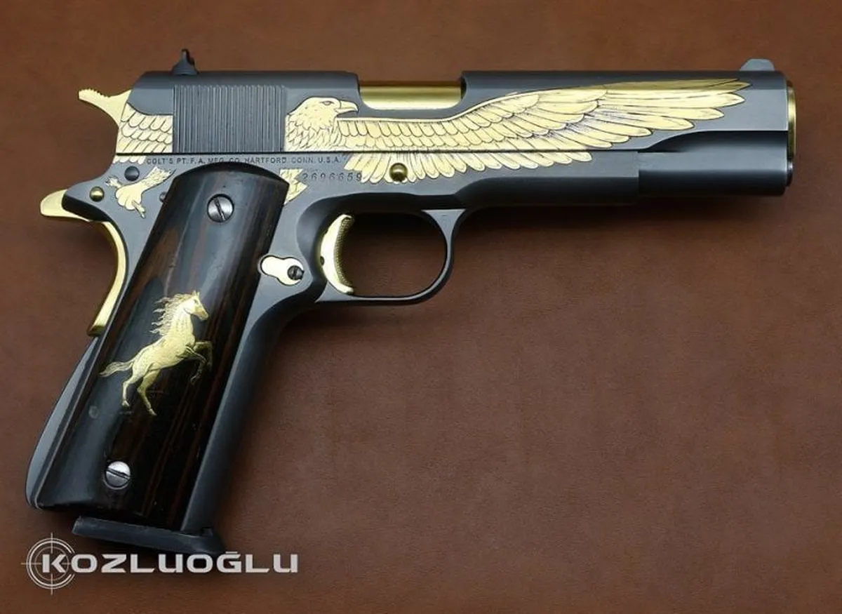 Colt 1911 Detaylı Kartal Gravür İşleme Sarı Titanyum Detay 3