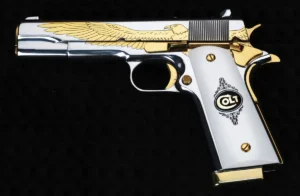 Colt 1911 – Parlak Beyaz Krom & Sarı Titanyum Kaplama-  Kartal Gravür