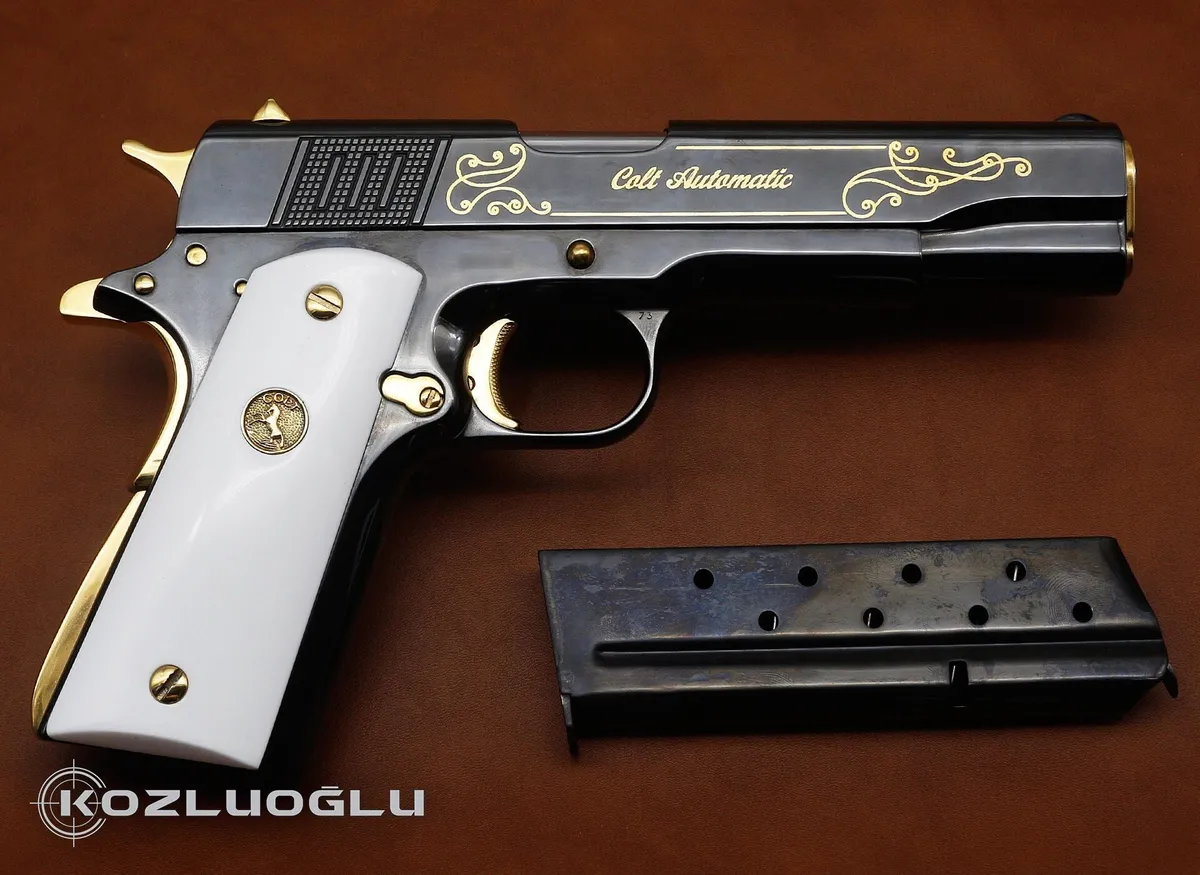 Colt .38 Super Caliber – Yanaklar Yaldızlı Sade Gravür – Özel Çekme Kertiği Detay 2